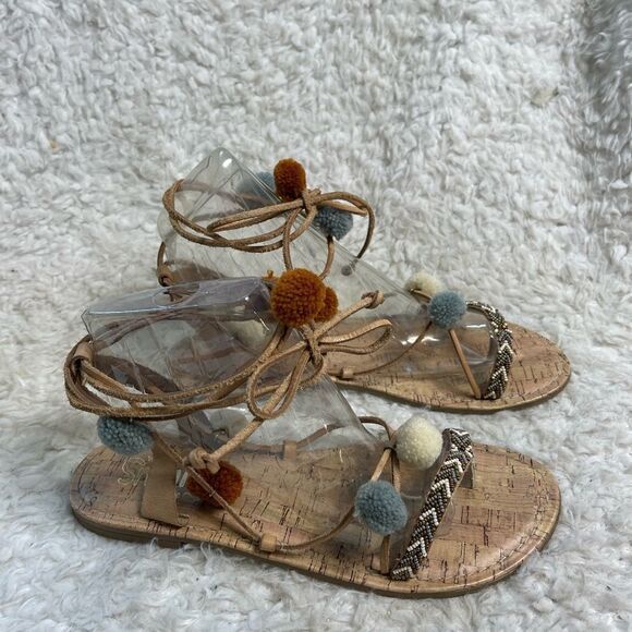 Circus By Sam Edelman Valencia Pom Pom & beaded wrap around Sandals Size 9.5 - Picture 4 of 8
